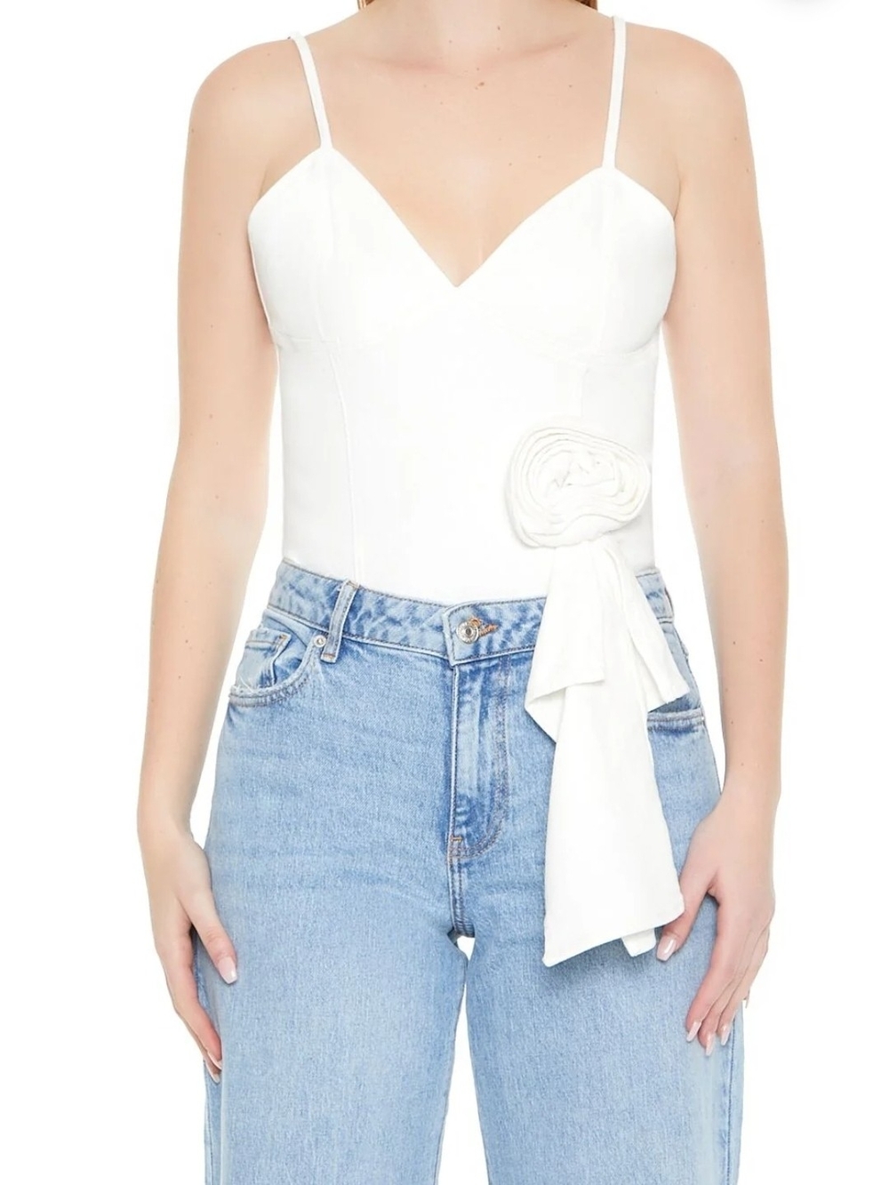 Forever 21 Women's White Spaghetti Strap Rosette Bodice Denim Top Size L‎ NWT
